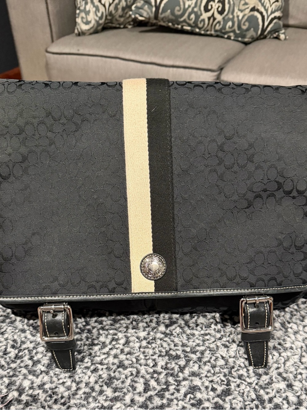 Coach Black Laptop Messenger Bag with Cream Center Stripe